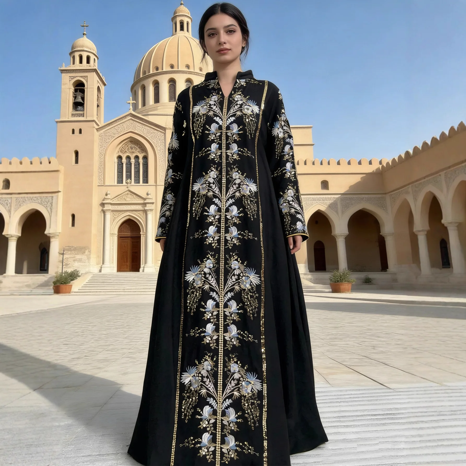 جلابية أخضر زيتي بتطريز زهري فاخر