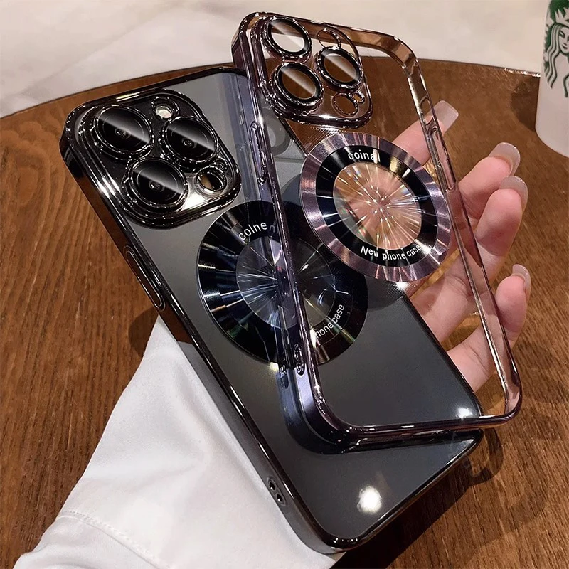 Luxury Logo Window Magnet Wireless Charger Plating Clear Case For iPhone 16 15 14 13 12 11 Pro Max Plus Back Cover For Magsafe