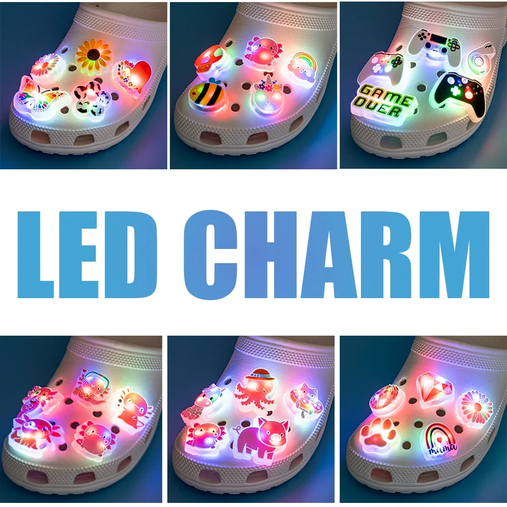 5PCS LED Clog Shoe Charms Cute Animal Duck Gamepad Pig Black Cat Shoe Buckle Accessories Pins for Women Men Cute Shoe Decoration