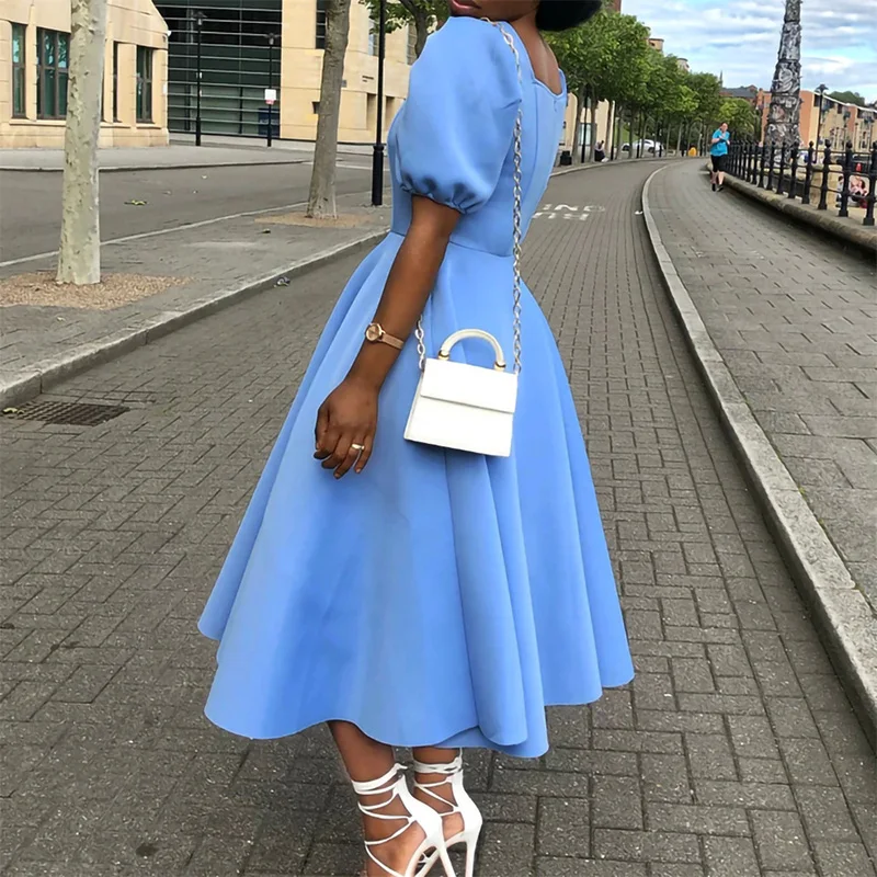Plus Size Dress for Women SummerSolid Color Square Collar Puff Short Sleeve Zipper High Waist Elegant Basic Large Hem Midi Dress