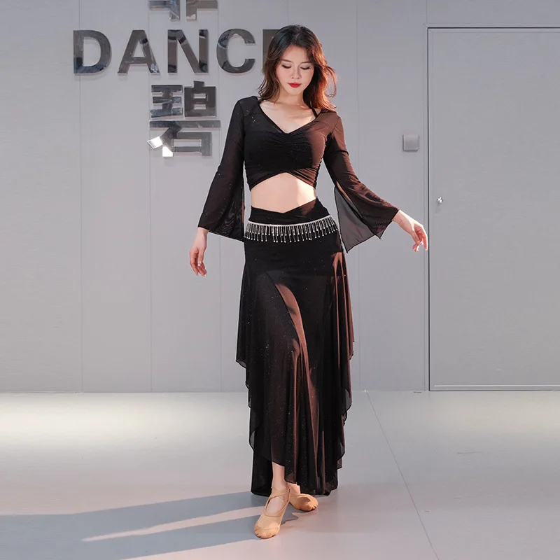 Pure Mesh Oriental Dance Costume Trumpet Skirt Belly Dancer Practice and Performance Costume
