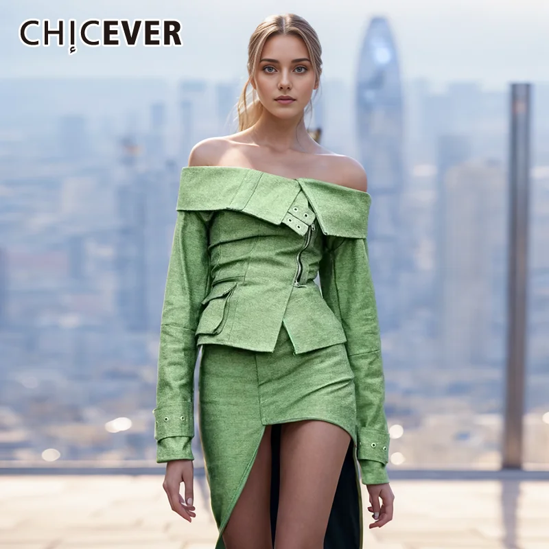 

CHICEVER Solid Patchwork Zipper Coats For Women Slash Neck Long Sleeve Streetwear Off Shoulder Slimming Fashion Jackets Female