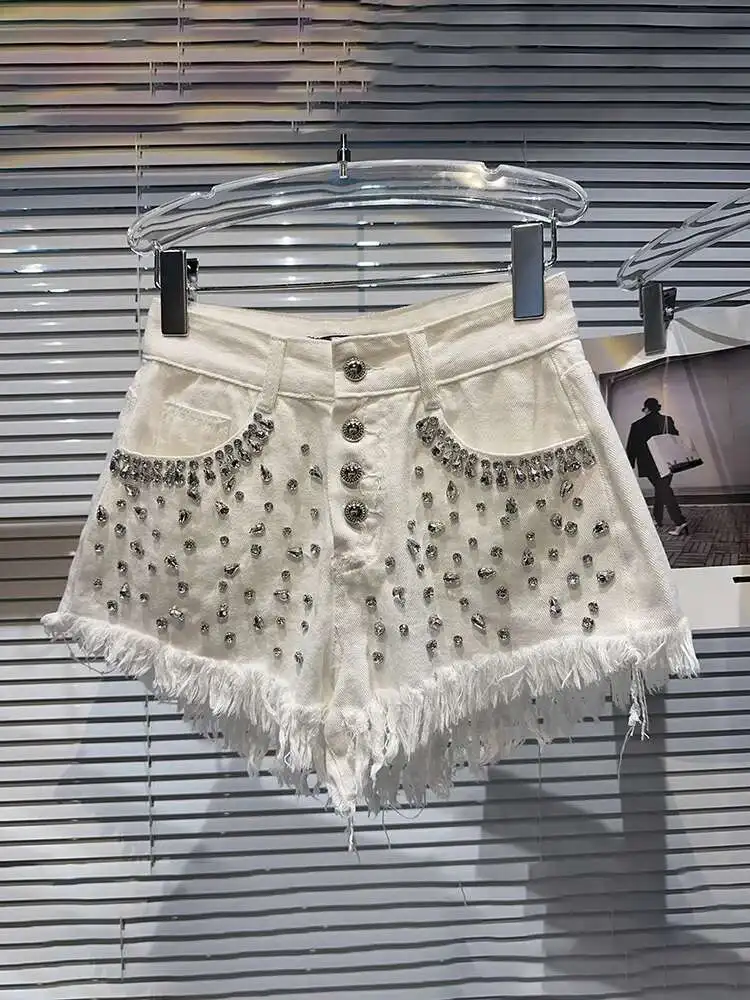 DEAT Women's Denim Shorts Shiny Rhinestone Full Diamonds