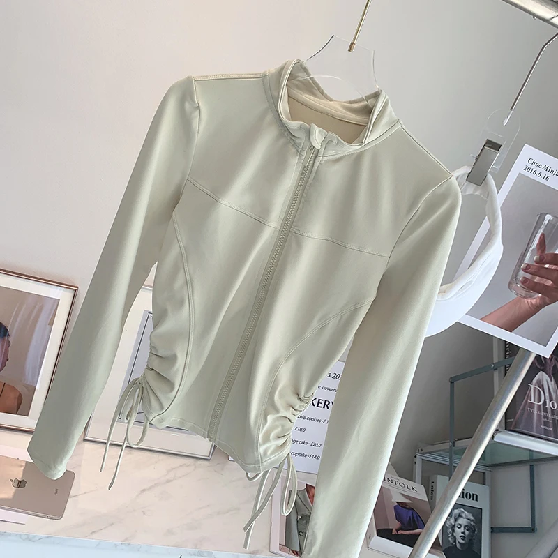 2024 Women Sports jackets Slim Fit Long Sleeved Side Drawstring Zipper  Tops Quick-Dry Fitness Outdoor Running Top Sports Coat