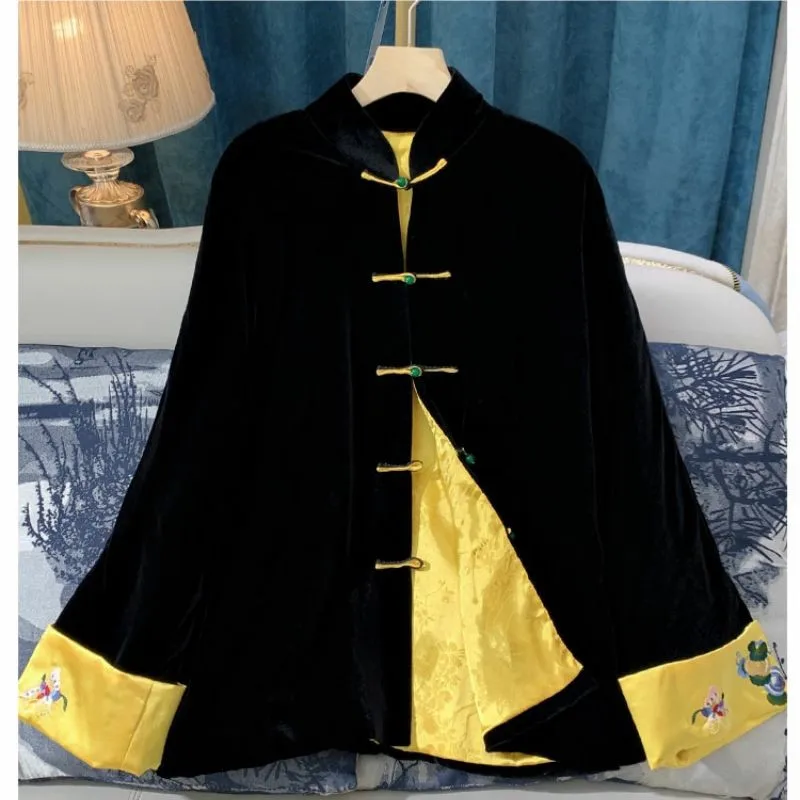 Stylish Sleeve Embroidery Coat Women Vintage Chinese Tradition Black Tang Suit Female Kimono Women Windbreaker Outewear Clothes
