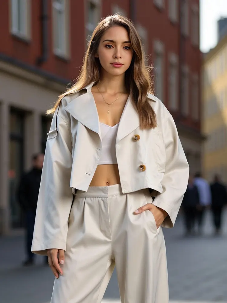 HH Women Fashion Cropped Trench Coat Solid Double Breasted Long Sleeve Windbreaker Jacket High Street Lady Outerwear Top