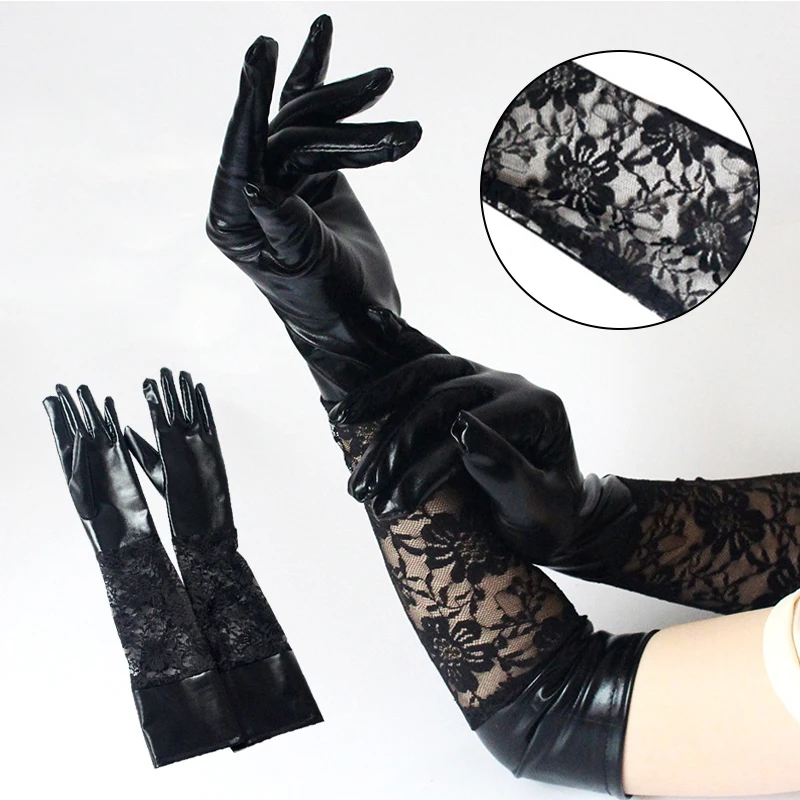 Fashion Women's Long Gloves 1 Pair Lace Faux Long Leather Gloves Black Ladies Sexy Adults Performance Party Lace Gloves Female