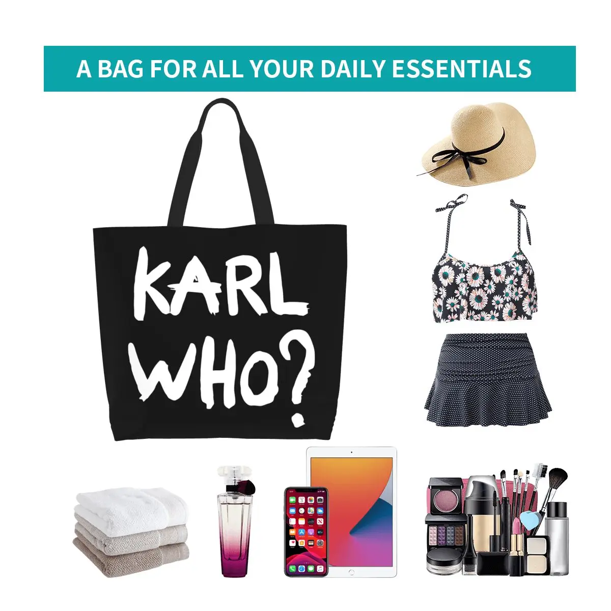 Kawaii Karl Who Slogan Shopping Tote Bags Reusable Canvas Groceries Shopper Shoulder Bag