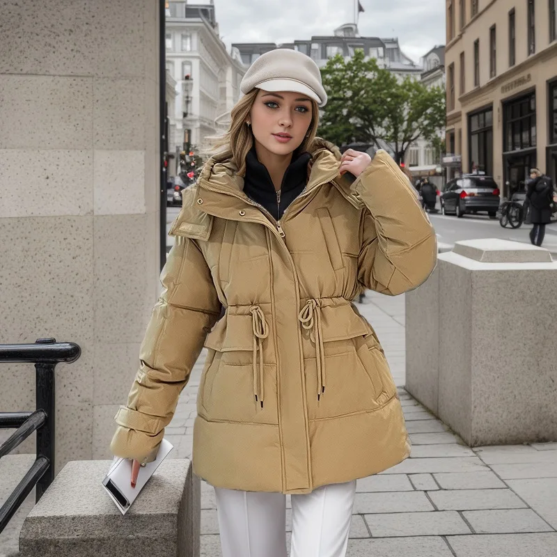 

2023 fashion hooded drawstring cotton-padded mid-length winter coat