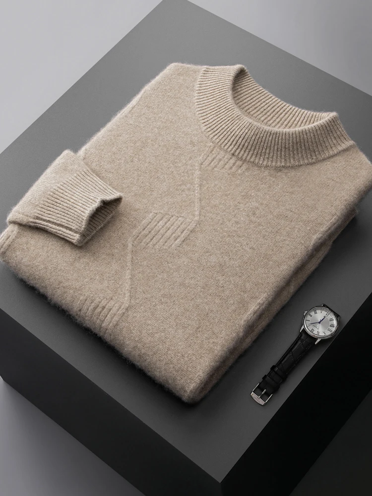 100%Pure Cashmere Long Sleeve Sweater Men's Loose Half Turtleneck Jacquard Pullovers Autumn Winter Youth Top High-End Knit Shirt