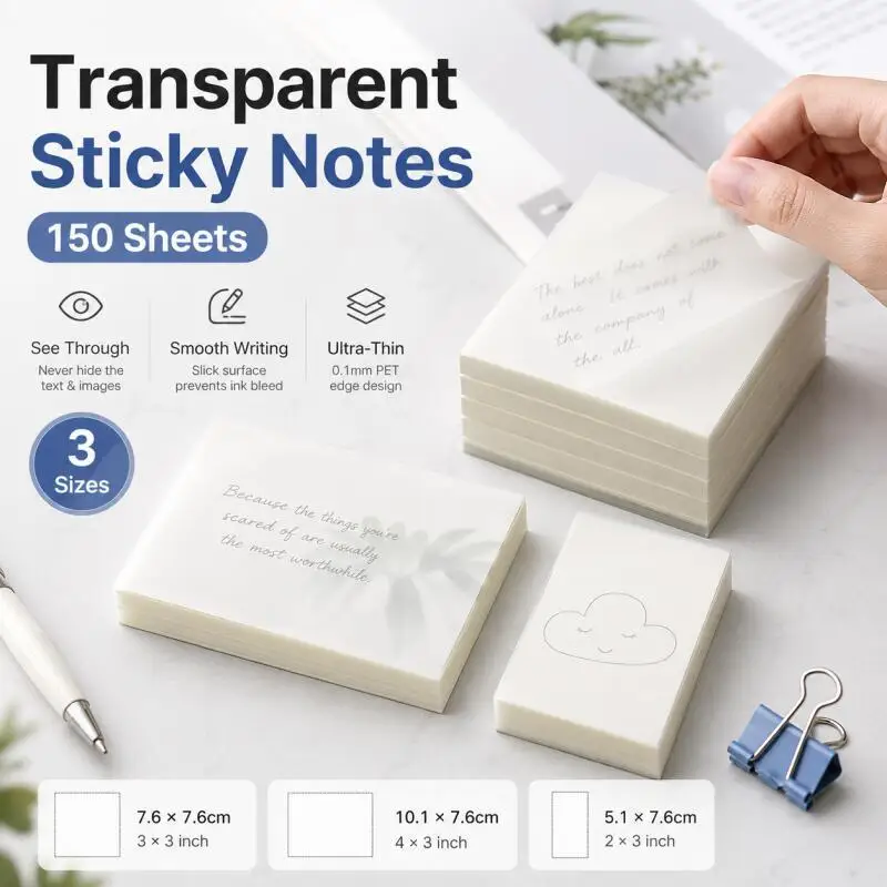 150 Fogli di Note Adesive Trasparenti, Blocchetti Memo Trasparenti per Libri, Agende, Studio, Disegno e Ufficio