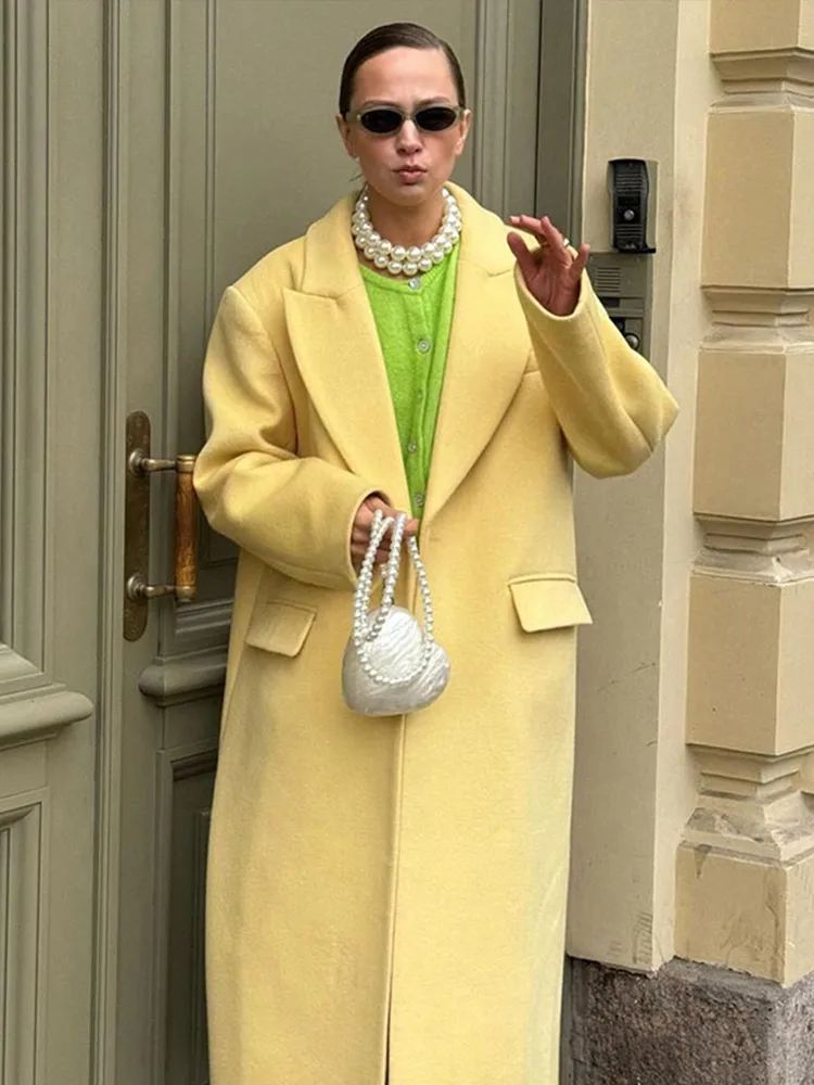Fashion Yellow Woolen Long Coats For Women Loose Lapel Long Sleeve One Button Solid Coat 2025 Autumn Winter Elegant Streetwear 3