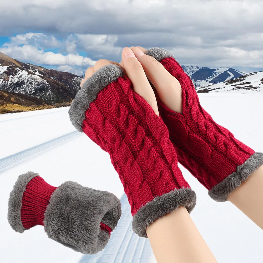 

Winter Thicken Warm Half Finger Gloves For Unisex Plush Lined Knitted Fingerless Gloves Solid Color Arm Warmers Touch Gloves