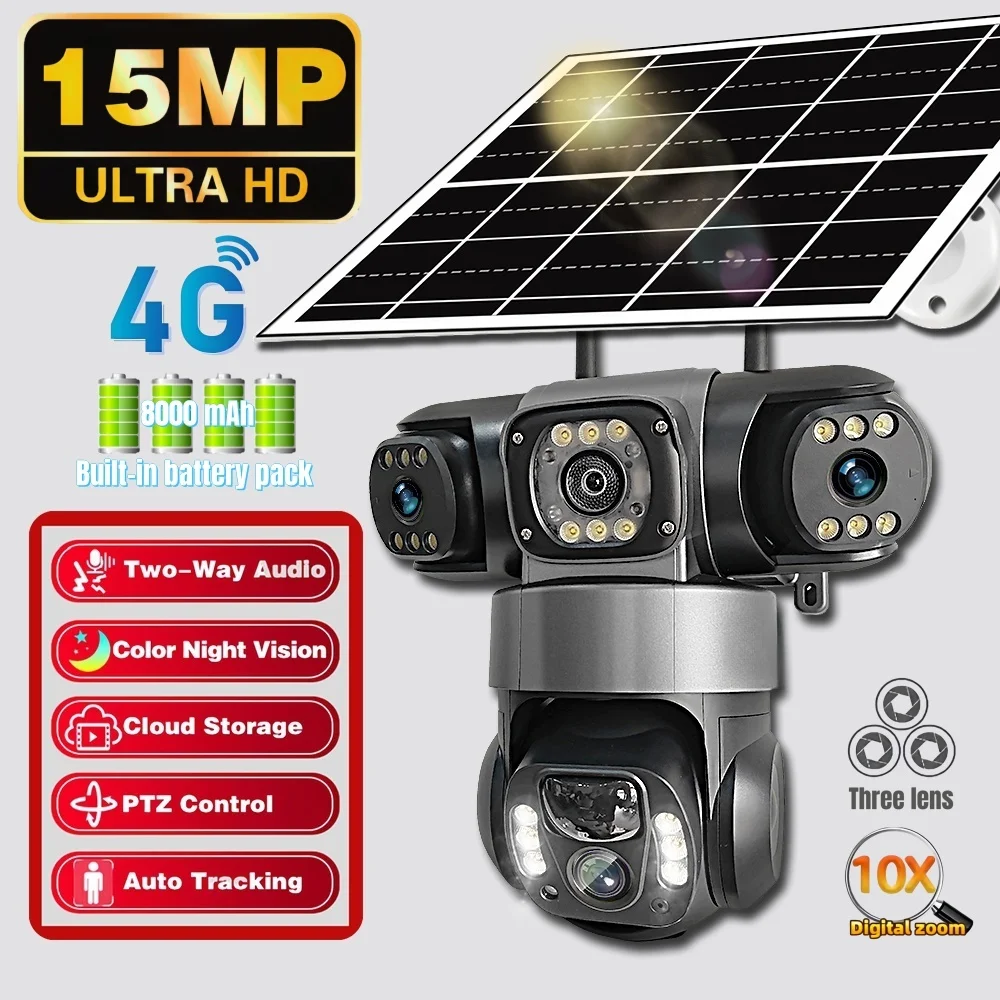 V380Pro Triple Lens 4G Solar Camera Outdoor 15MP 10X Zoom Triple Screen PIR Motion Detection Security Surveillance IP66 PTZ Cam 1