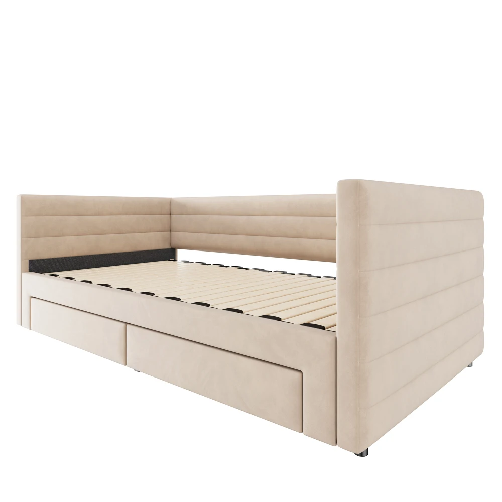 90x190cm Polsterbett, 3-in-1 Ausziehbares Schlafsofa, Multifunktionsbett, mit Schubladen und Gitter, Baumwolle und Leinen, ohne Matratze – Detail 11