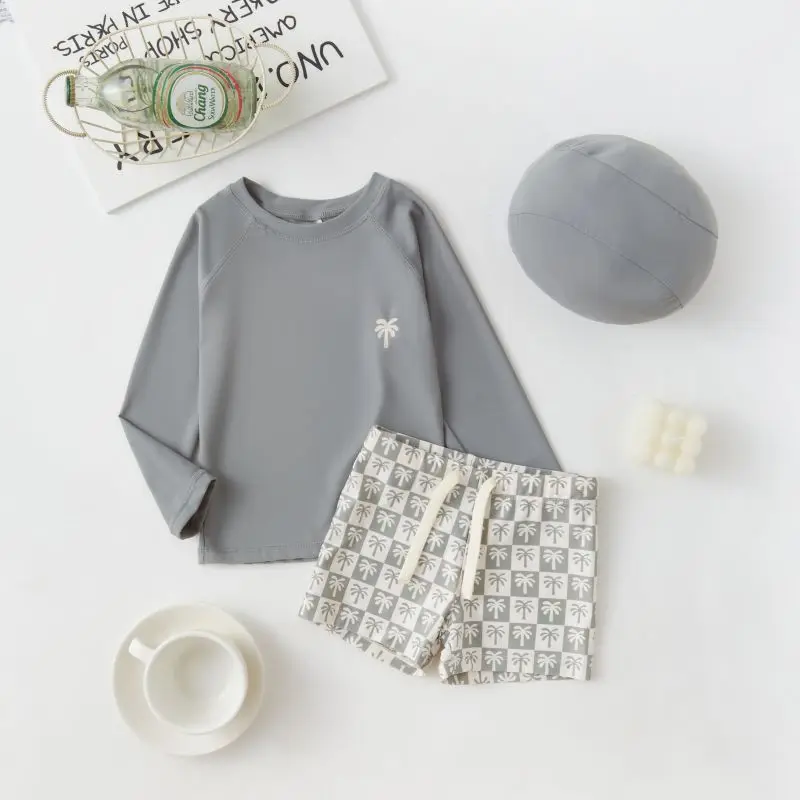 Boys Swimsuit Long Sleeve Separates Swimming Cap Set Gray Coconut Tree
