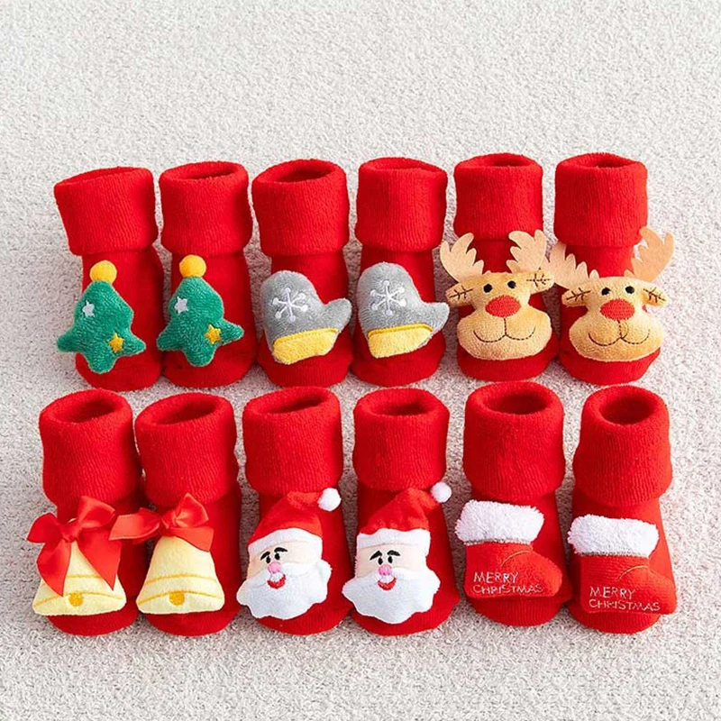 

Christmas Holiday Winter Socks for New Born Baby Adorn with Cute Cartoon Christmas Elements Non-slip Toddler Socks New Year Gift