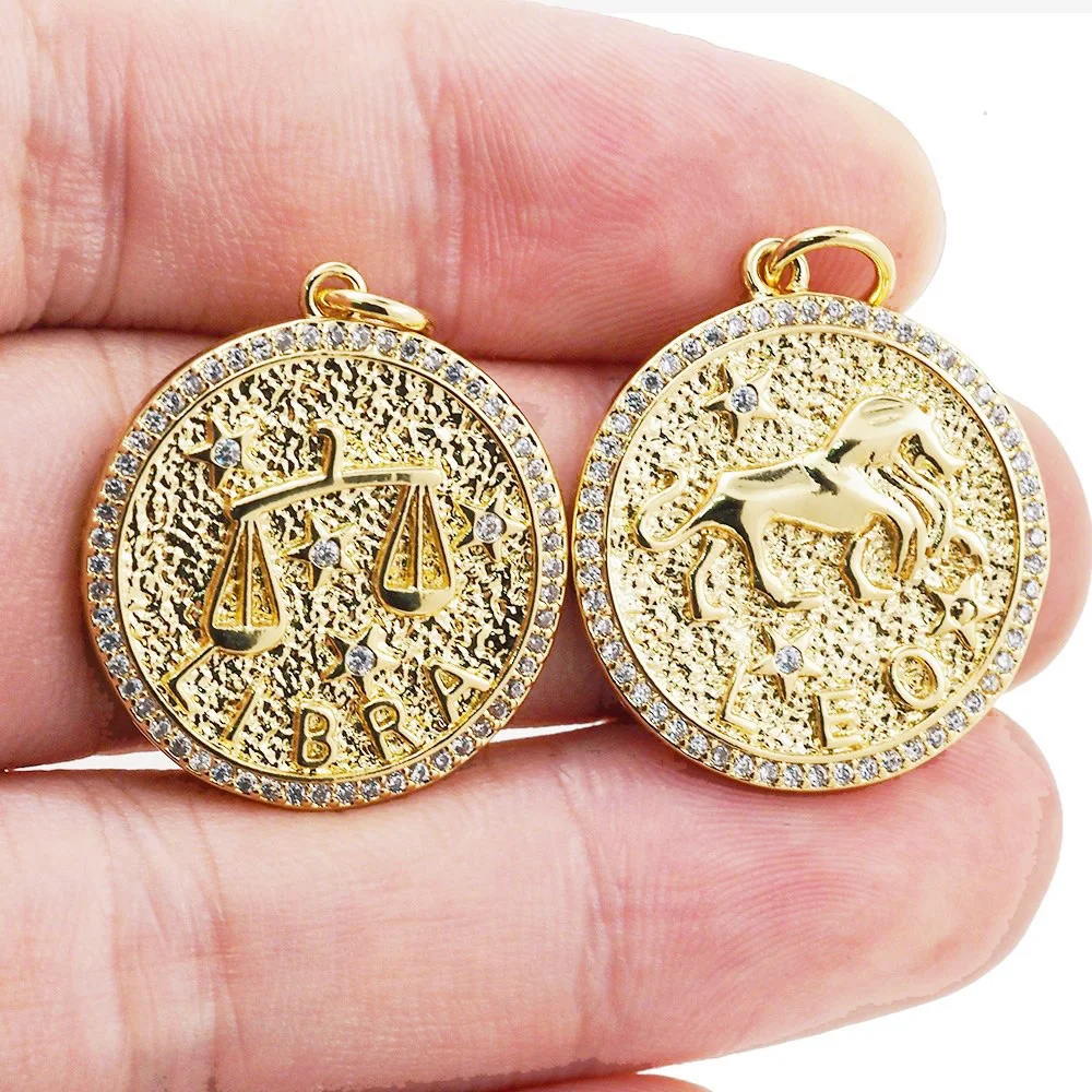 New Twelve Constellation Pendant Necklace CZ Gold Plated Charm Zodiac Metal Astrology DIY Keychain Jewelry Accessories For Women 2