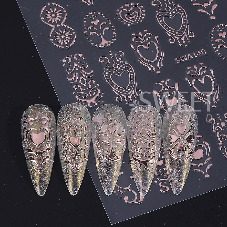 3pcs Bohemian Nail Stickers Metal Retro Patterned Heart Totem Self-adhesive Nail Decals DIY Luxury Manicure Sliders Decoration