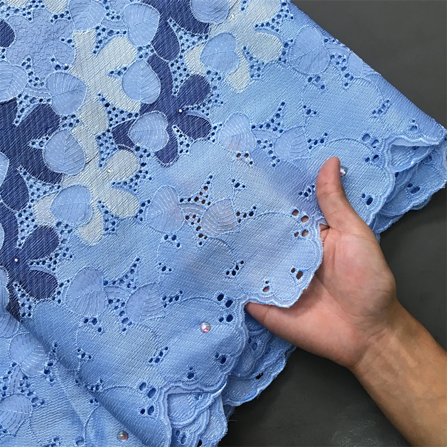 Lace Fabric African Cotton Swiss Voile with Rhinestone for Wedding Party Dress F4026