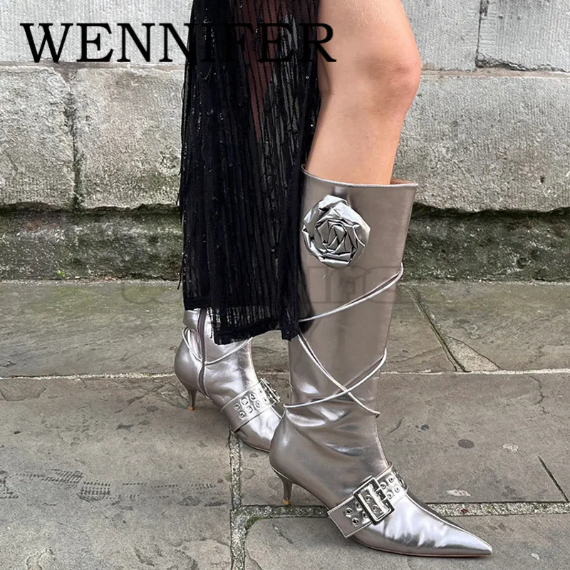 

Roses Pull On Kitten Heel Bootias Pointed Toe Metallic Patent Leather Buckle Knight Boots Ladies Leisure Punk Motorcycles Botas