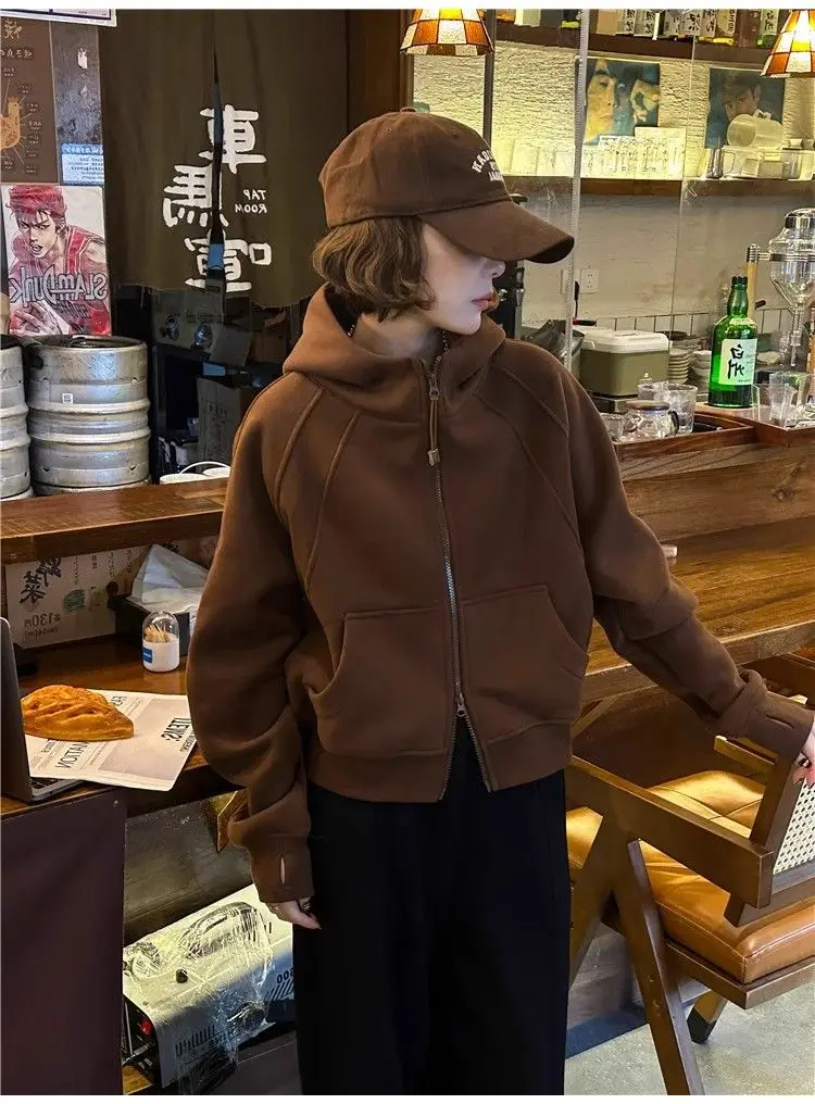 Women Solid Hoodies Fleeced Short Sweatshirts Long Sleeves Hooded Double Zipper Loose Fit Office Lady Elegant Casual 2026 Spring