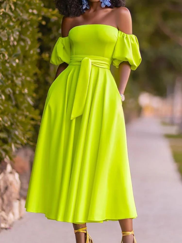 Slim Fit Belt Elegant Lady Midi Dresses Summer Women Off Shoulder Solid Party Dress Slash Neck Short Sleeve Patchwork Club Dress