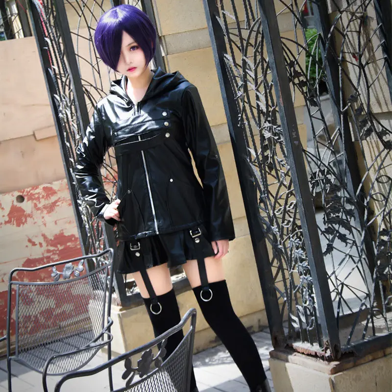 

Anime Tokyo Ghoul Touka Kirishima Cosplay Costume Full Set Uniform PU Leather Black Dress Hoodie Women Halloween Dress