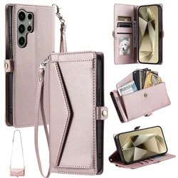 Premium Flip Leather Phone Wallet with Long Lanyard - Card Holder Case Cover - Galaxy S26 Plus (Pink)