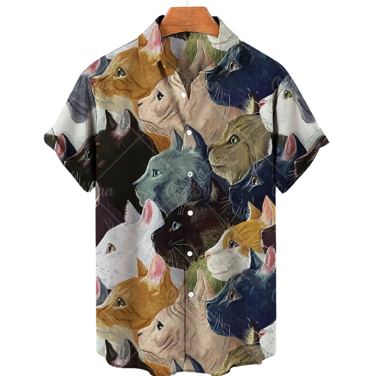 Hawaiian Short Sleeve Men's Shirt, Casual Shirt With Cute Cat Print, Lapel, V-neck, Beach, Summer, 5xl, 2024 6