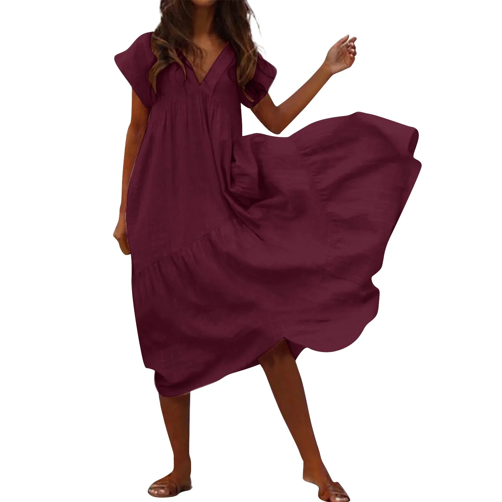 thumbnail image 1 of Vestido largo informal holgado de verano para mujer, de manga corta, con escote en V, liso, sin tirantes y dobladillo irregular, 2024, 1 of 5