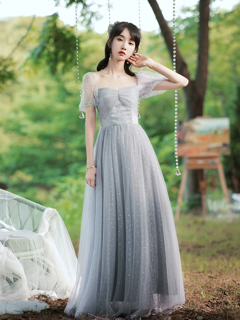 Female Grey Bridesmaid Dress Summer Long And Mid Long Style Slim Sisters Bridesmaid Birthday Dress New Host Evening Dresses