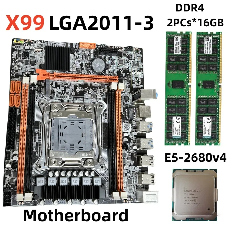 X99 마더보드 세트 LGA2011-3 키트, Xeon E5 2680V4 프로세서 2, 16GB DDR4 ECC 메모리 PCI-16, USB3.0 서버 M-ATX NVME M.2 