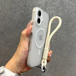 Ultrathin Matte Candy Colored Magnetic Phone Case with Wrist Strap and Magsafe Cover for 15ProMax (White GS)