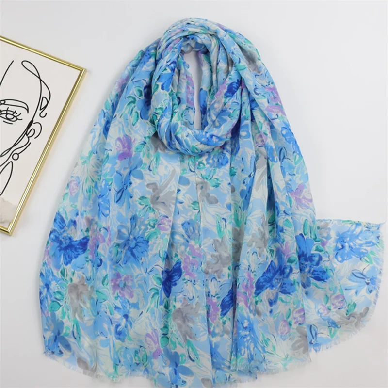 2023 Spain Luxury Brand Cotton Viscose Scarf Abstract Floral Fringe Shawls and Wraps Echarpe Pashmina Bufandas Hijab 180*90Cm