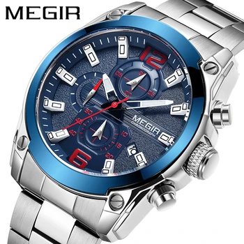 MEGIR Brand Fashion Blue Quartz Watch for Men Stainless Steel Sport Waterproof Luminous Chronograph Watches Relogio Masculino 1