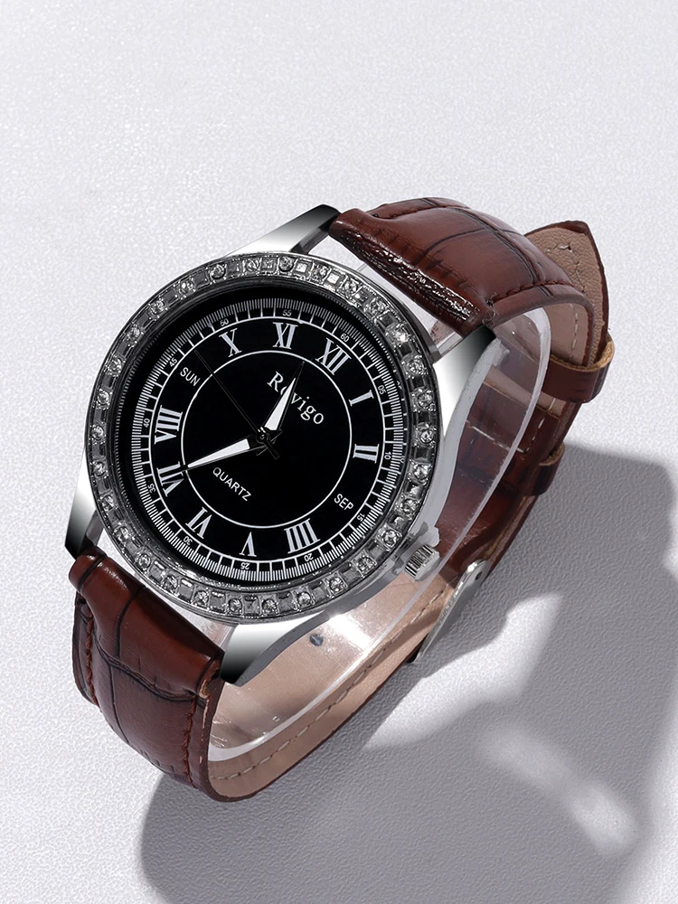 2pcs Business Trendy Diamond Round Dial Men's and Women's Quartz Watch Set Couple Watch Set