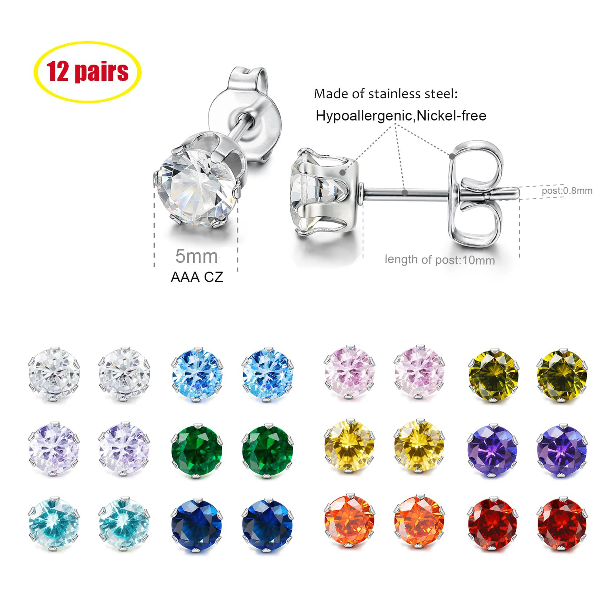 1-12 Pairs Stainless Steel Sparkling Brilliant Cut Round Cubic Zirconia Birthstone Stud Earrings for Women Men Size 3-8mm 6