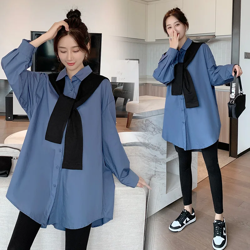 

2024 Spring Pregnant Woman Clothes Removeable Sailor Collar Long Sleeve Long Loose Maternity Shirts Casual Chiffon Blouses Blue