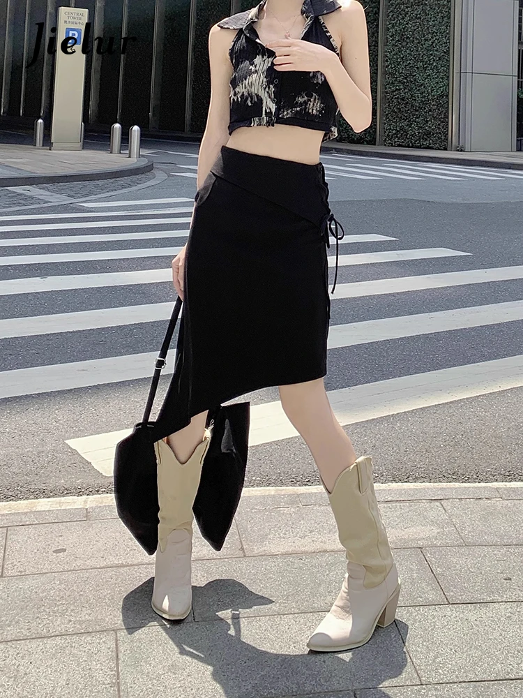 

Jielur Новая женская модная Асимметричная черная юбка на шнуровке Весенняя Корейская универсальная Повседневная Женская трапециевидная короткая юбка с высокой талией