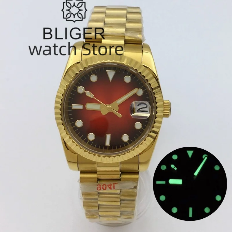 BLIGER NH35 Automatic Luxury Gold Men Watch 36mm39mm Polished Fluted Bezel Gradient Red dial Sapphire Glass Presidential Bracele