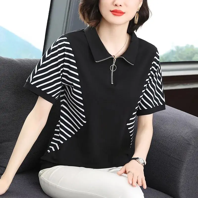 Women's Clothing Polo-Neck Zipper T-shirt Fashion Striped Patchwork All-match Summer Casual Short Sleeve Korean Loose Pullovers 2021 summer new women casual loose tops v neck t shirt striped patchwork short sleeve shirts ladies fashion top tees