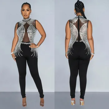 European and American fashion women's clothing solid color mesh hot diamond sleeveless trousers jumpsuit