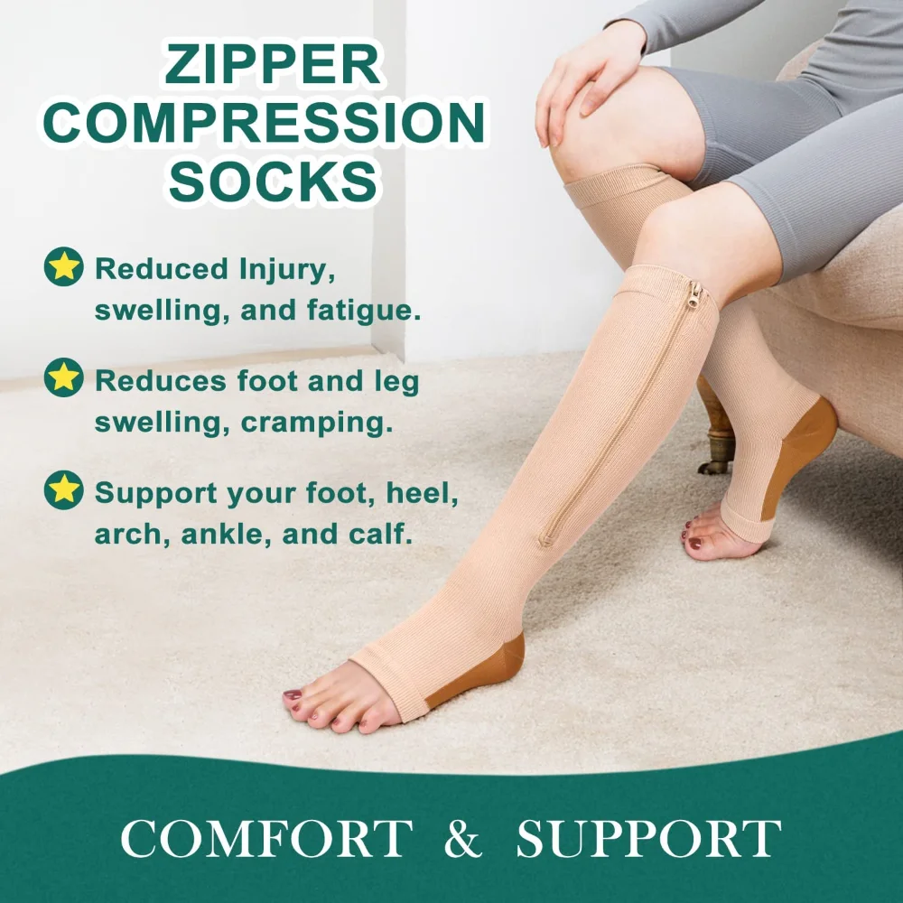 2Pairs Copper Zipper Compression Socks 15-20mmgh Calf Knee High Open Toe  Support Stocking for Prevent Varicose Veins - AliExpress