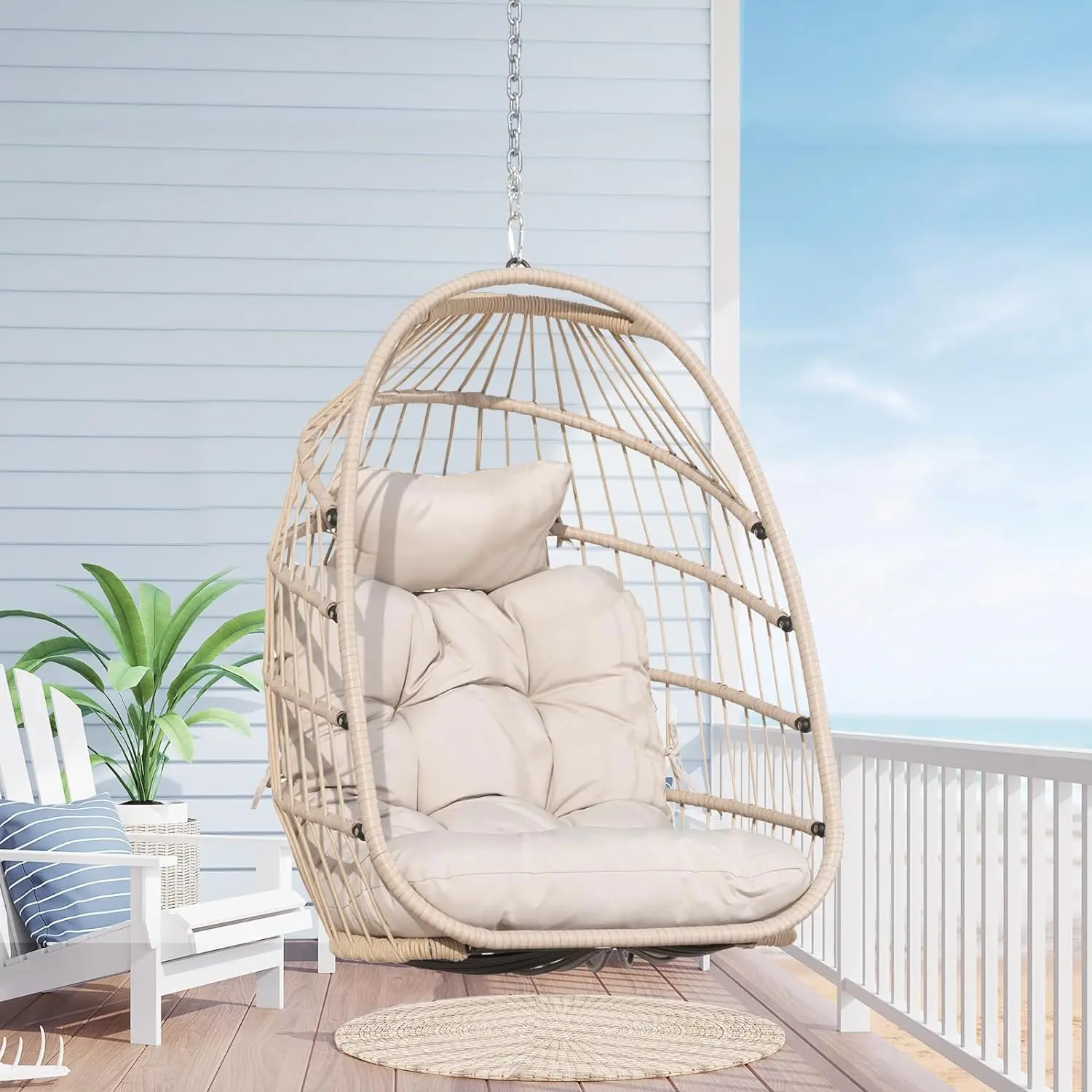 

Egg swing chair Suspended ceiling chair Wicker hammock basket Egg chair Unsupported Bedroom patio backyard balcony Cream