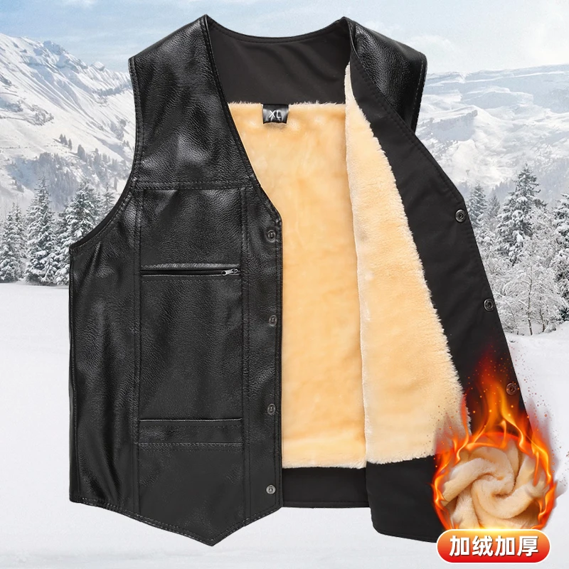 Gilet chaud épais polaire cuir hiver 2025 pêche V-neck simple bouton décontracté vêtement extérieur homme