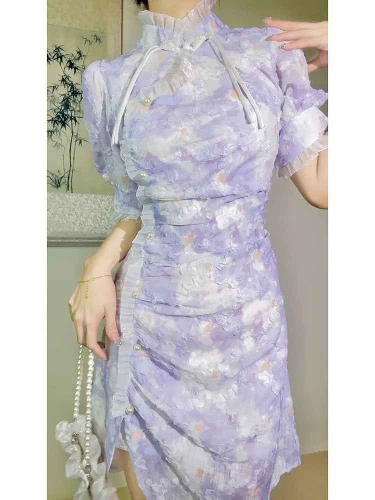 젊은 슬림 치파오 수정 플로럴 드레스, 귀엽고 산뜻한 보라색 드레스, 여성 의류, 2023 여름 