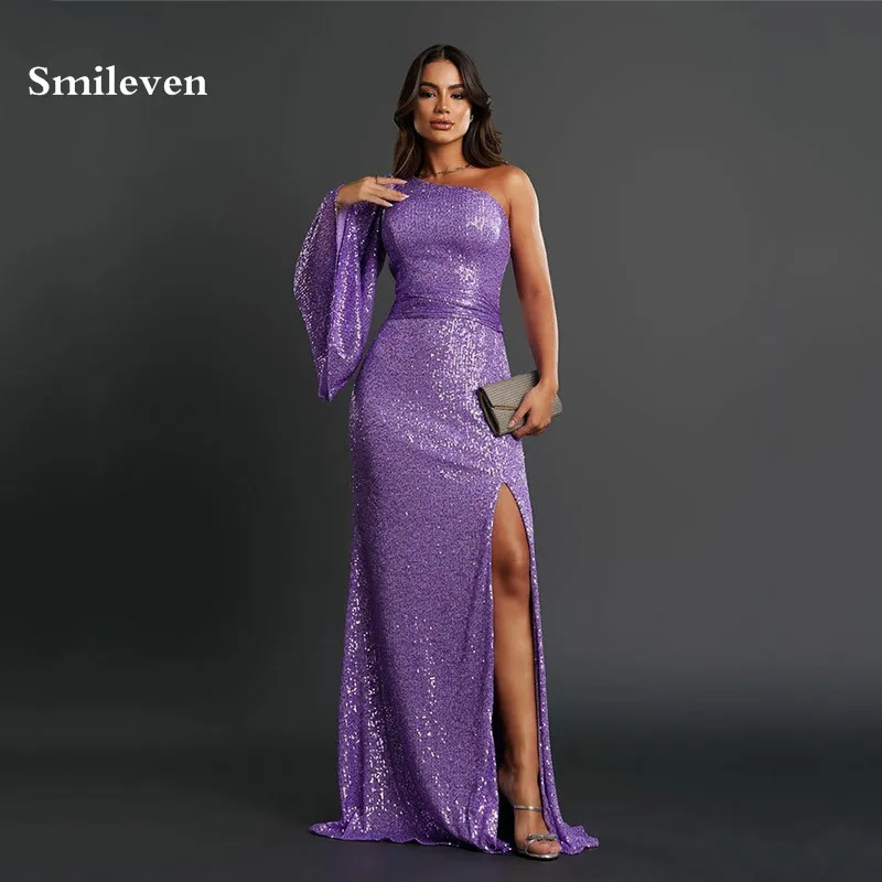

Smileven Lavender Shiny Scale Sequins Mermaid Evening Dress One Shoulder Flare Sleeves Prom Dresses Green Split Party Gowns