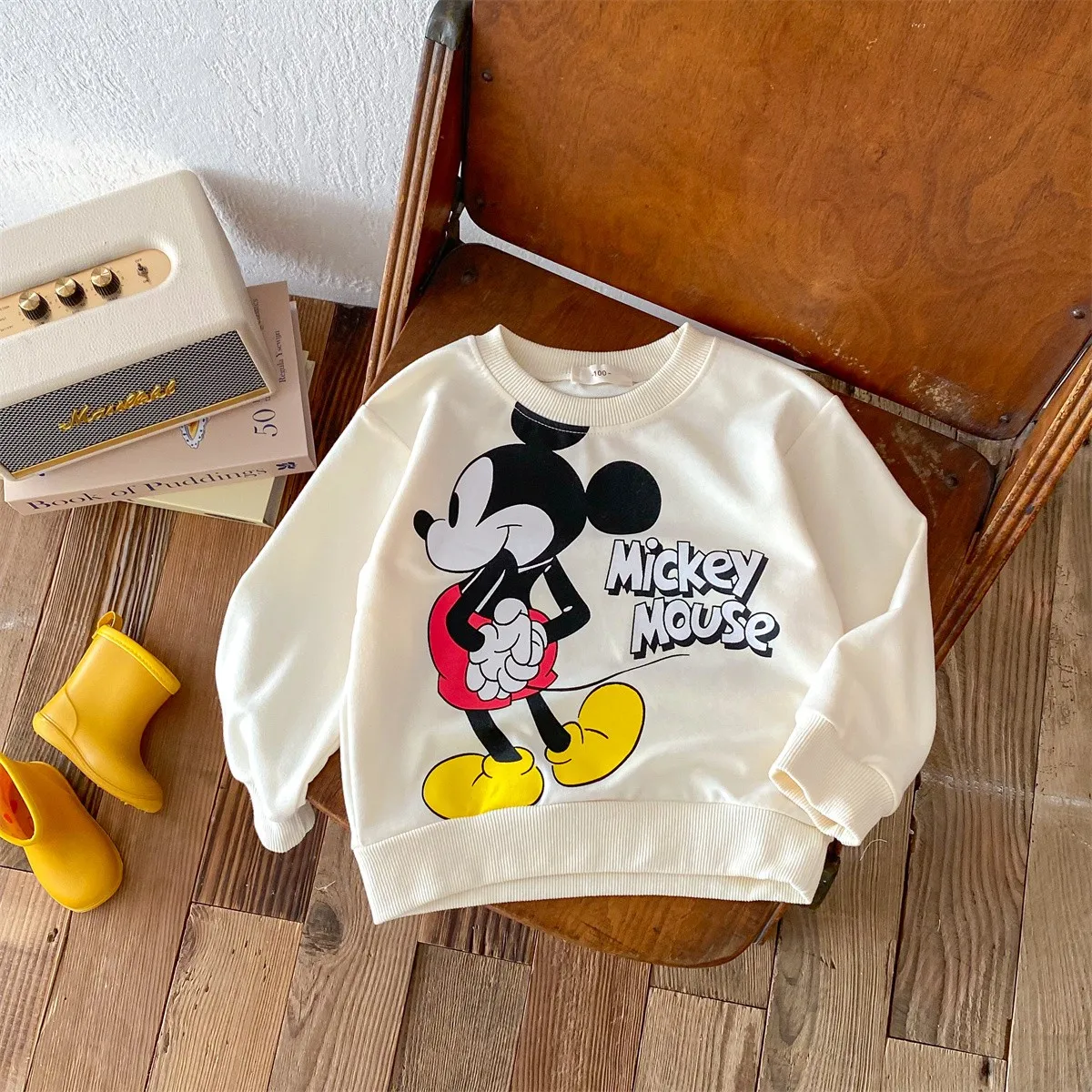 어린이 디즈니 미키 미니 맨투맨 용수철 라운드 넥, 루즈 맨투맨, 남아 및 여아 패션 탑
