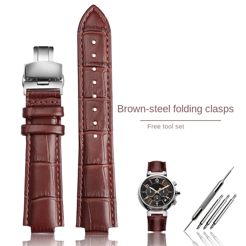 Luxurious Genuine Leather Watchband with Chain Butterfly Clasp